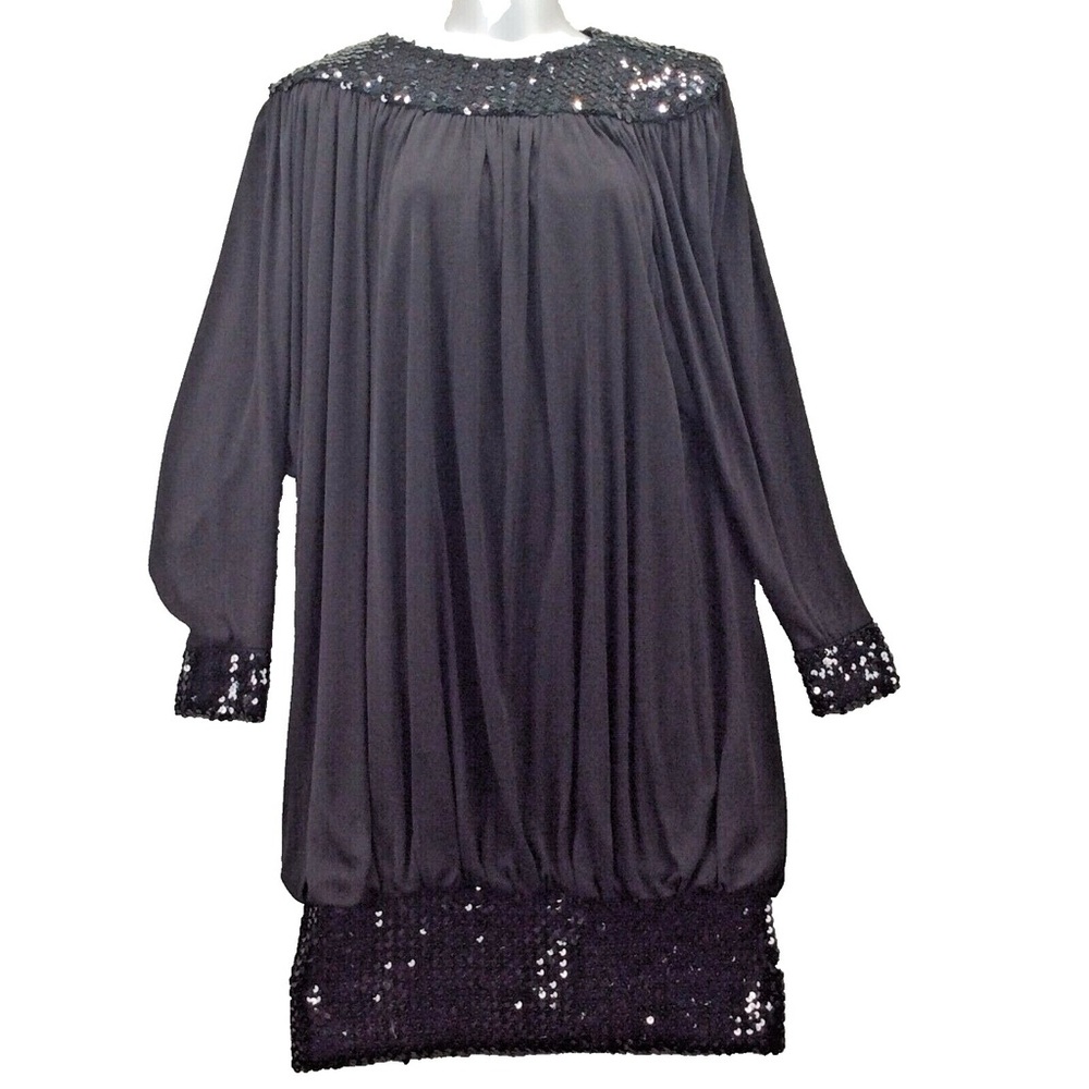 Vintage Black Sequin-Trim Long-Sleeve Bubble Hem Dress